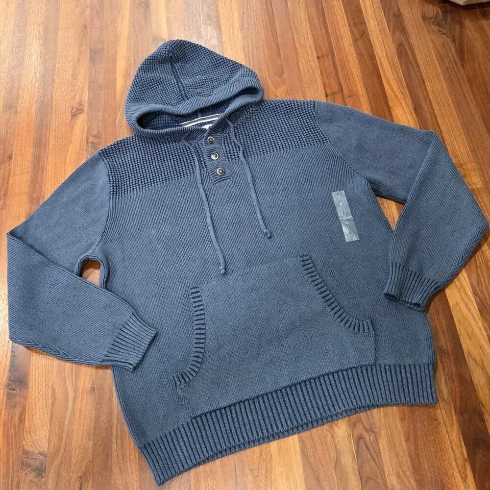 Sun + Stone Men's Hooded Sweater Mixed Knit Front Pocket NWOT Size Large